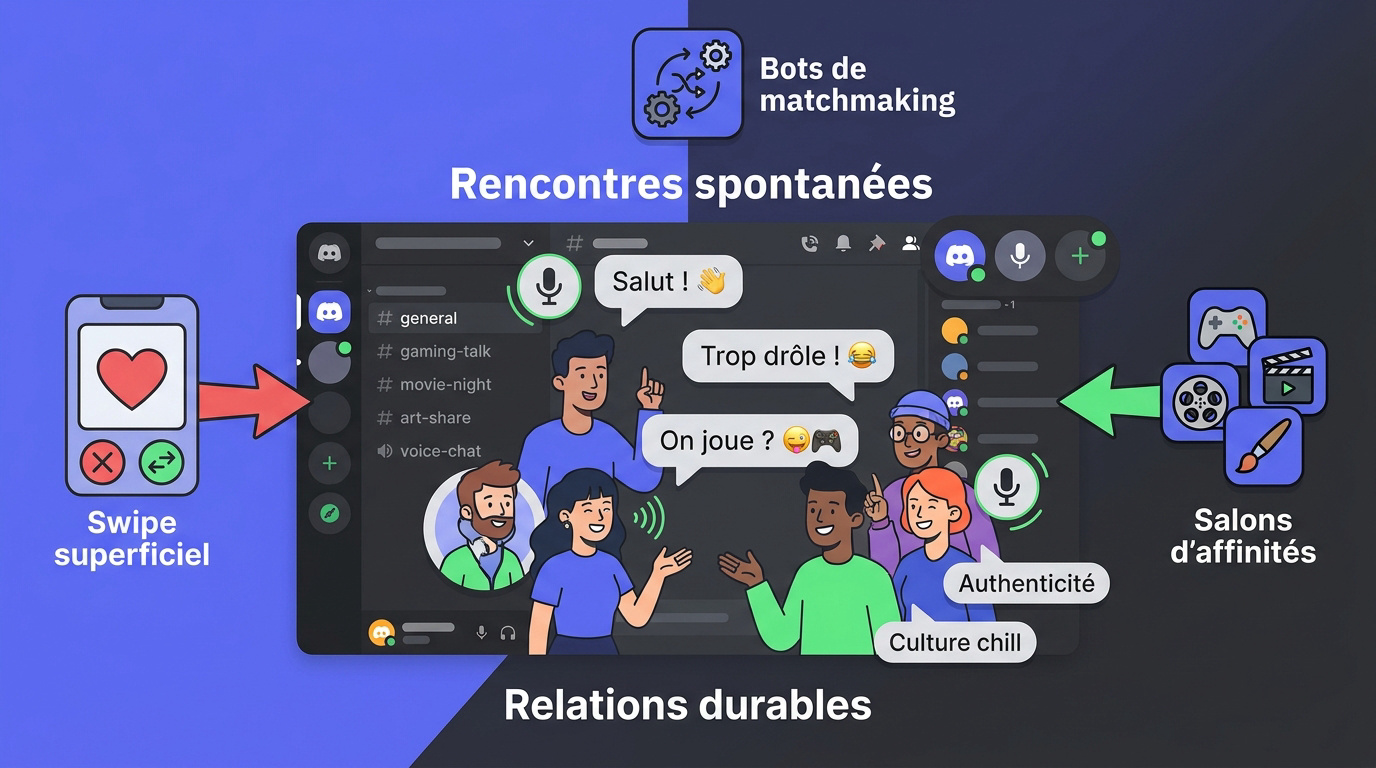 Interface d'un serveur Discord dédié aux rencontres sociales et thématiques