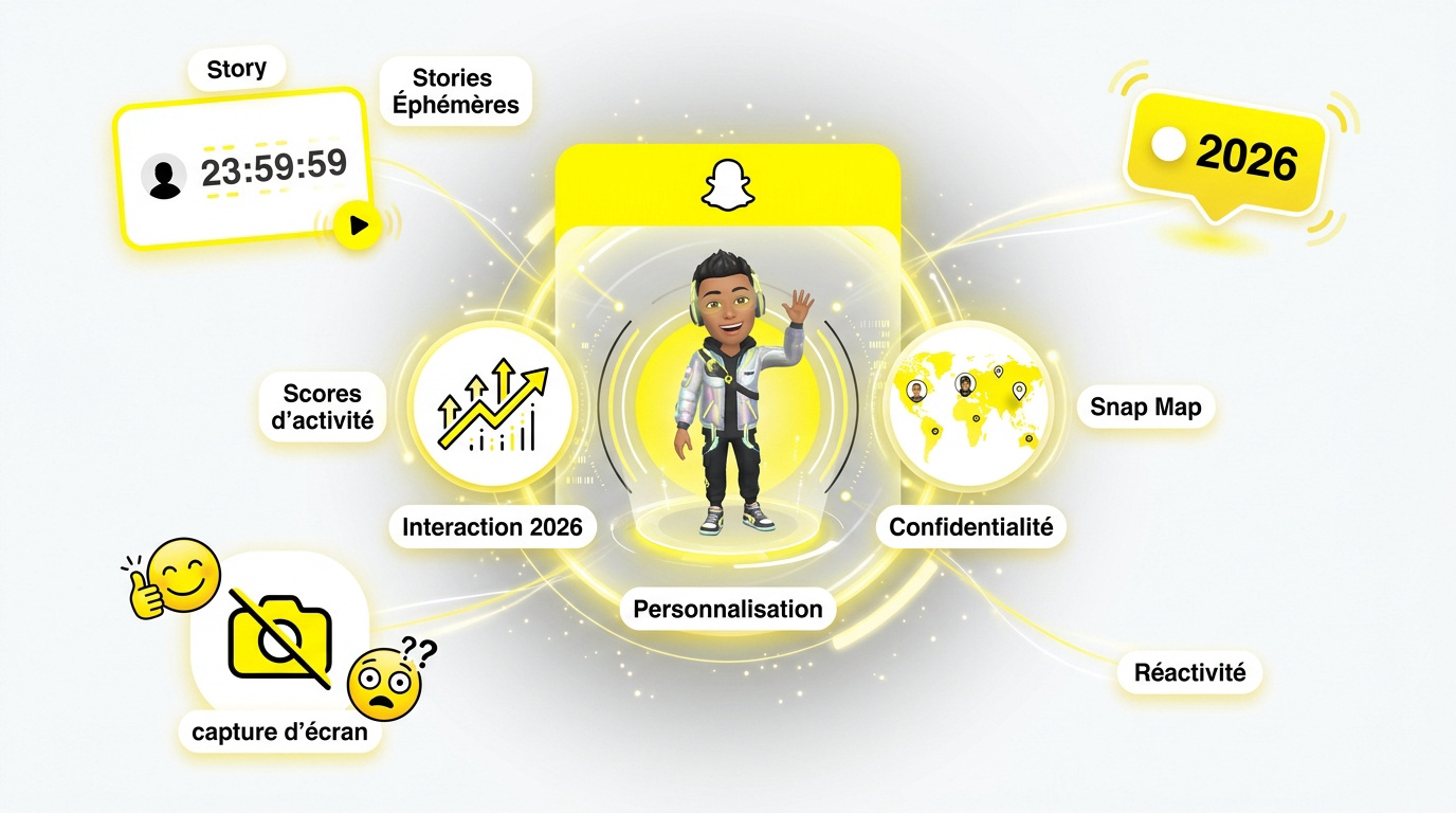 Infographie présentant les évolutions et les interactions sociales sur Snapchat en 2026