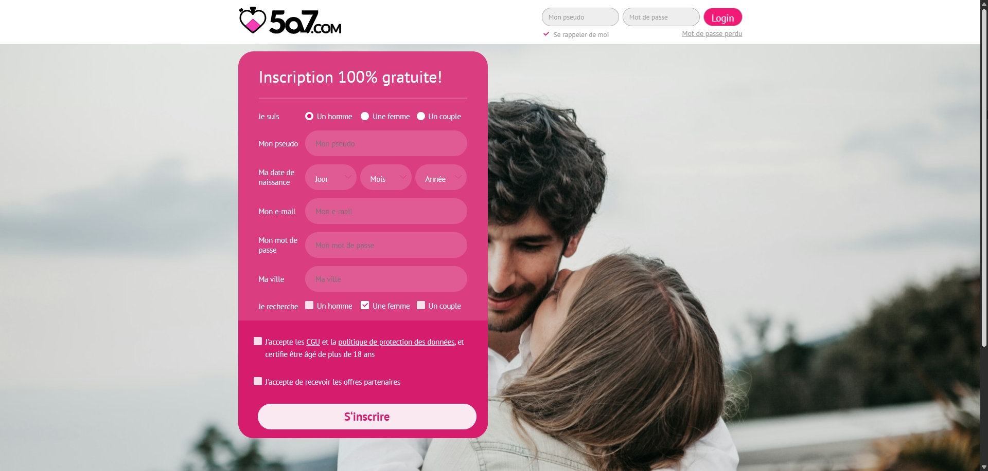 Page d'accueil du site de rencontre 5a7.fr