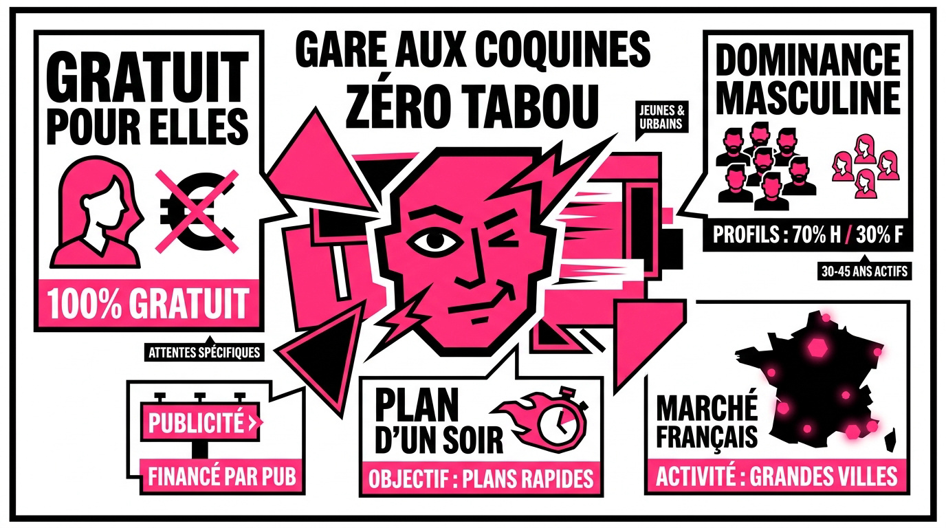 Infographie sur les statistiques et le fonctionnement du site Gare aux Coquines