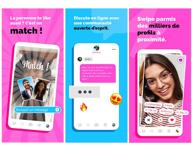 Captures de l'application Onlydate : match, discussion et profils à proximité